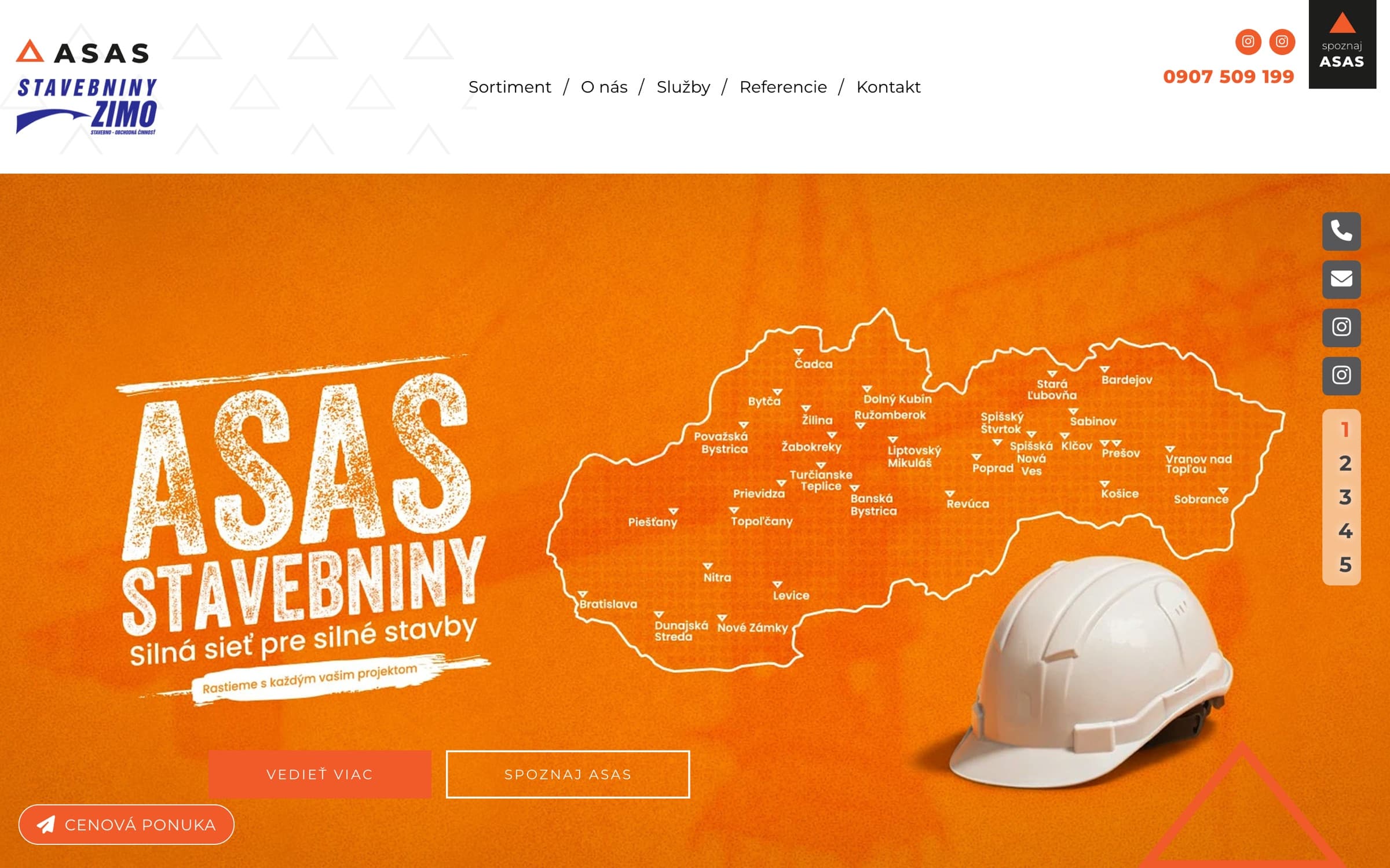 Koncept webu Stavebniny ZIMO: oranžová úvodná obrazovka aliancie ASAS s mapou Slovenska a bielou prilbou